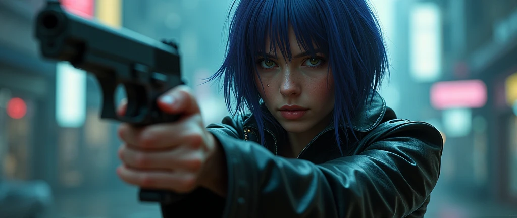 30 yo,realistic hardboiled woman ,blue-purple hair,Scarlett Johansson　in Ghost in the Shell,Public Security,(1 girl),realistic ghost in the shell with guns,Wearing a white Fishnet tights and long trench leather coat,(beautiful eyes:1.2),(beautiful face:1.3),(detailed face:1.3),(smile),(muscular:1.1),(sensual:1.3),(thick thighs:1.2),(Body moistened with sweat),(background is black:1.5),(blur background:1.2),(master piece,highest quality,ultra high resolution,Super detailed,8K),wallpaper,The background is Cyberpunk City
