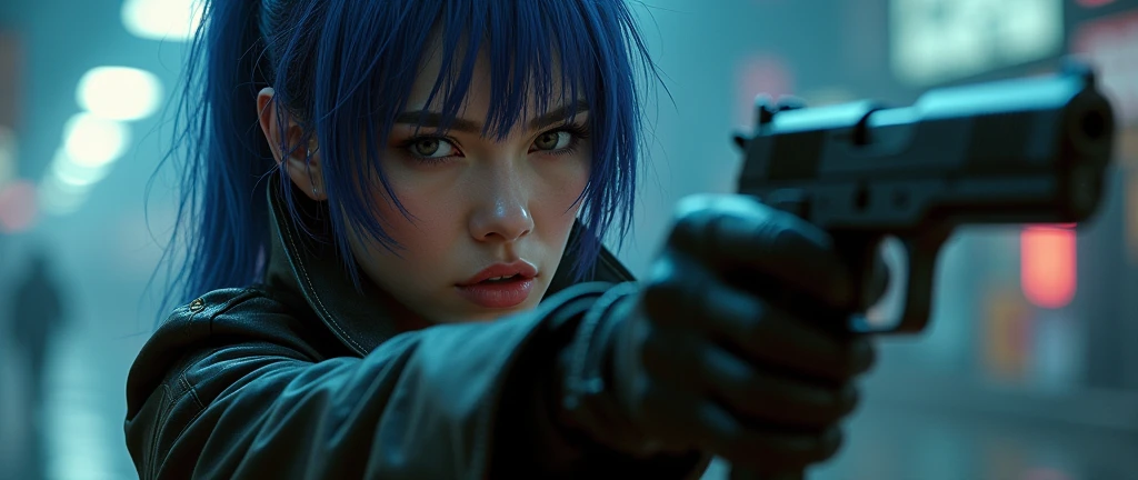 30 yo,realistic hardboiled woman ,blue-purple hair,Scarlett Johansson in Ghost in the Shell,Public Security,(1 girl),realistic ghost in the shell with guns,Wearing a white Fishnet tights and long trench leather coat,(beautiful eyes:1.2),(beautiful face:1.3),(detailed face:1.3),(smile),(muscular:1.1),(sensual:1.3),(thick thighs:1.2),(Body moistened with sweat),(background is black:1.5),(blur background:1.2),(master piece,highest quality,ultra high resolution,Super detailed,8K),wallpaper,The background is Cyberpunk City