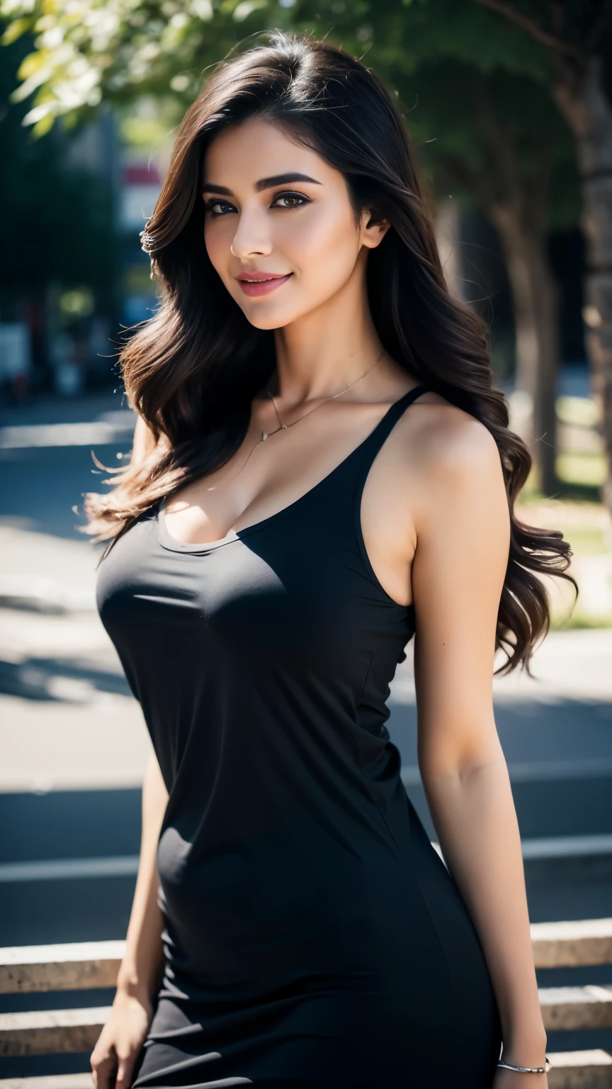 Portrait of A confident-looking woman with long and thick hair, hazel eyes, a tank top , a smile on the face, a lusty look, standing on the park, d-cup breast, perfect composition, hyperrealistic, super detailed, 8k, high quality, trending art, trending on artstation, sharp focus, studio photo, intricate details, highly detailed, art by Greg Rutkowski