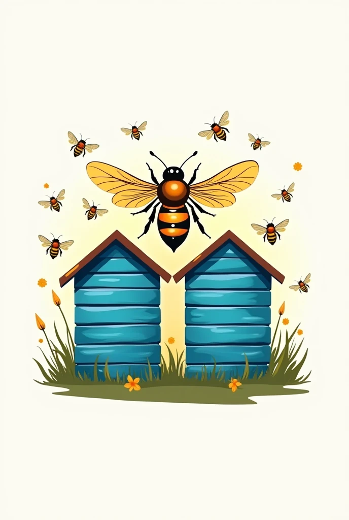 Beekeeping logo A beautiful bee 2 blue hives and bees flying