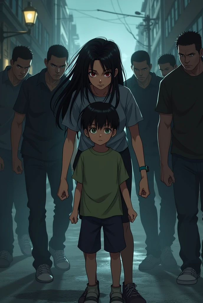 A 16 year old girl with black hair red eyes Protecting a 14 year old boy with black hair green eyes from some thugs
