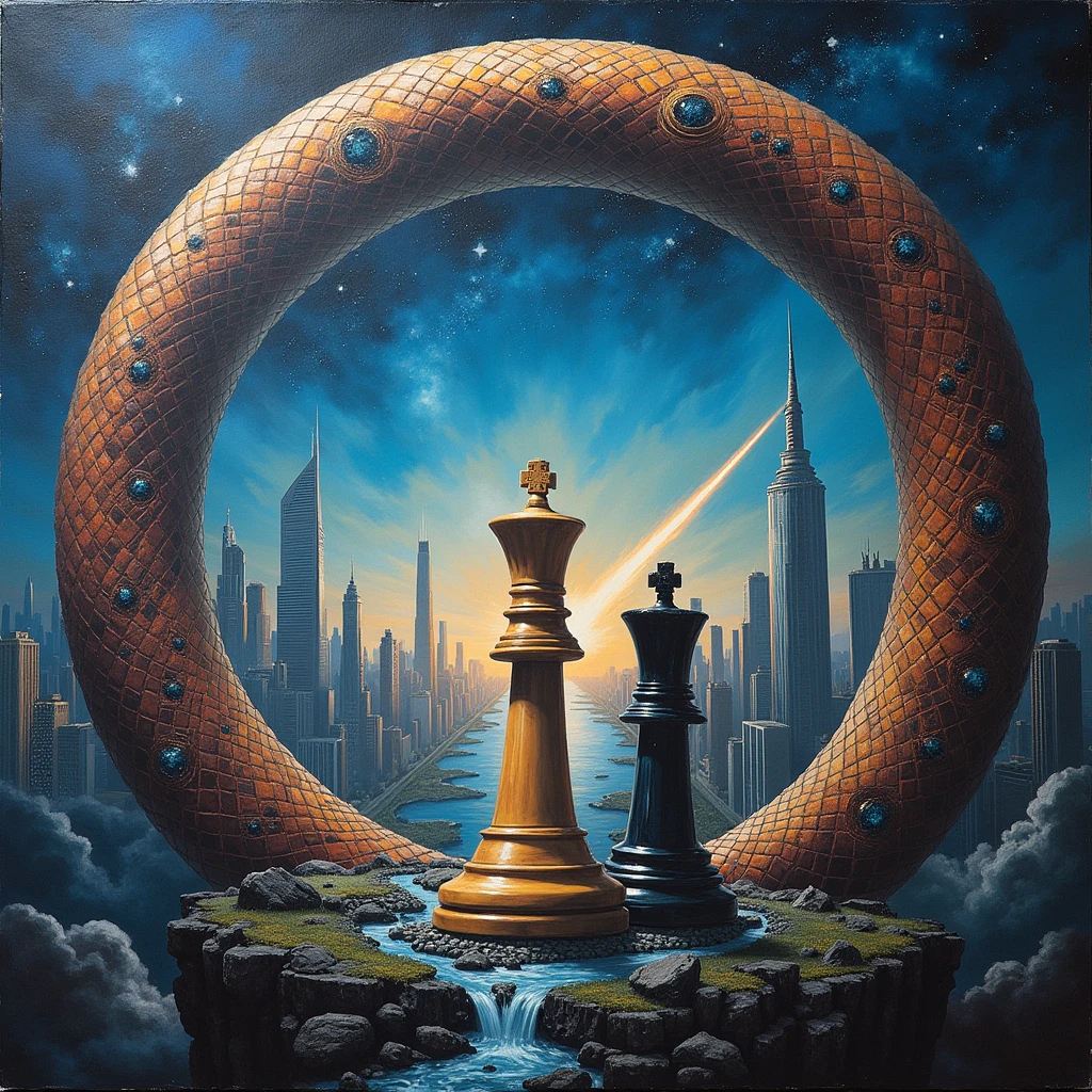 The image displays a painting: the frame is circular, resembling a tail snake, and the canvas depicts a future city with towering skyscrapers and a shooting star in the distant night sky Outside the painting, two chess pieces can be seen, the Black Chess King and the White Chess King.