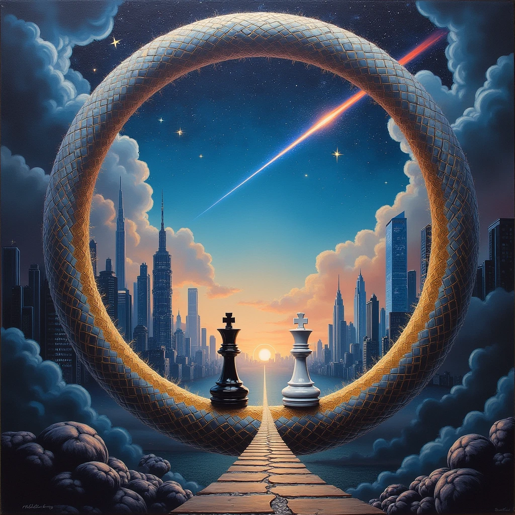 The image displays a painting: the frame is circular, resembling a tail snake, and the canvas depicts a future city with towering skyscrapers and a shooting star in the distant night sky Outside the painting, two chess pieces can be seen, the Black Chess King and the White Chess King.