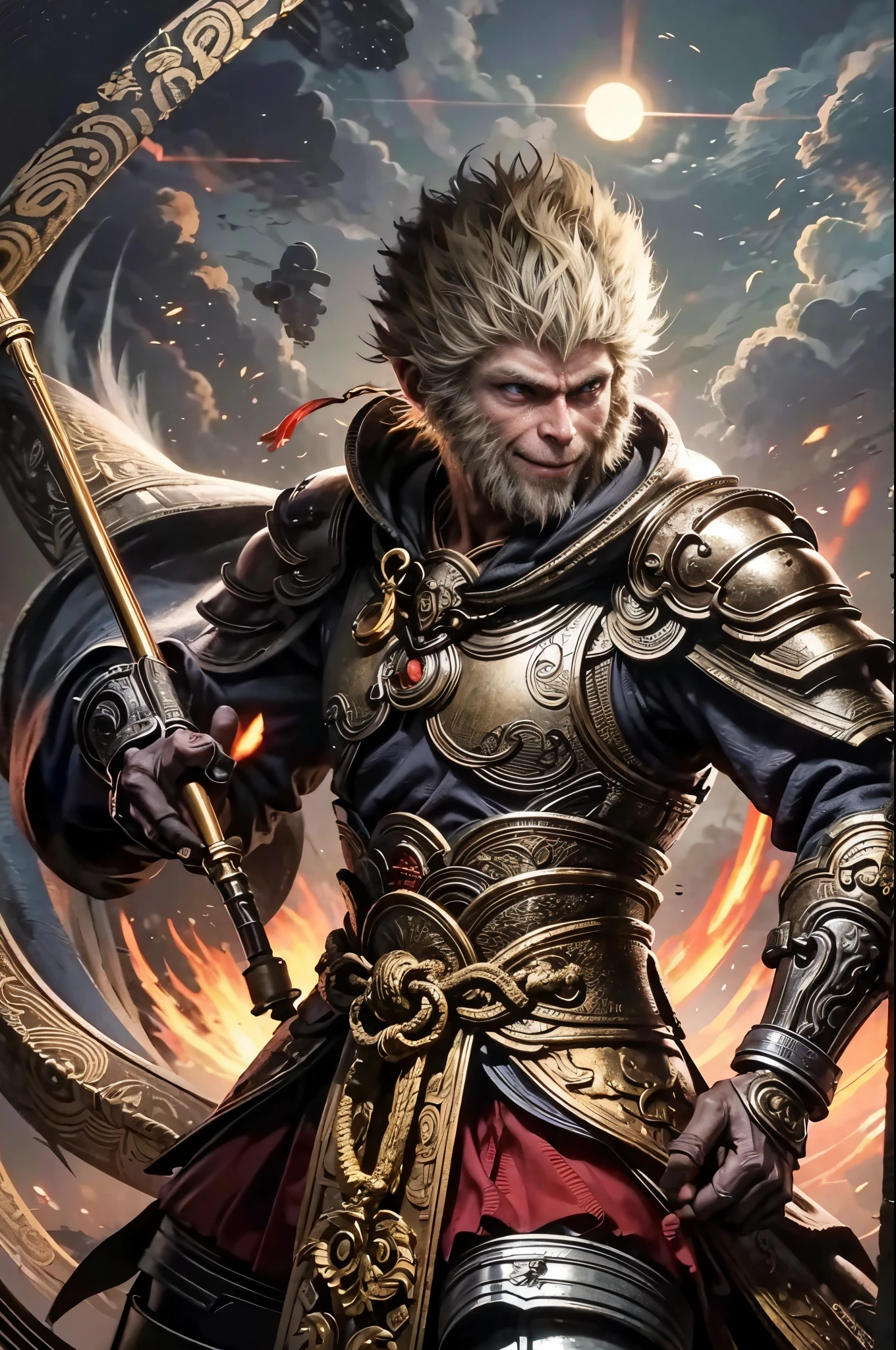sun wukong,1 person, Fighting Stance, short hair,best quality, masterpiece,Intricate details,Strong, Wearing Chinese armor,cloak,Hold a golden hoop rod in your hand,Red glowing eyes, Grinning expression, whole body
