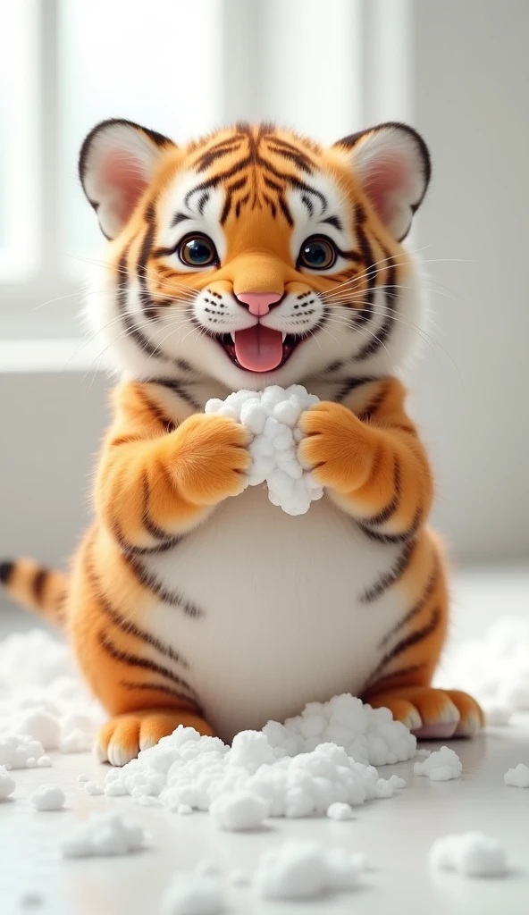 A chubby and cute little tiger baby, Pregnant belly with patterns, Cute and cuddly,Fluffy, Delicate and exquisite, Real little tiger,The expression is very cute and sticking out tongue is very cute,Real little tiger,Play with real white foam in the bathroom,Pure white high-end bathroom background