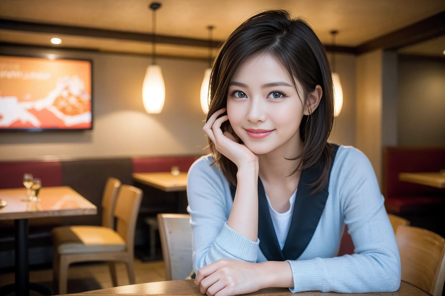 ((Highest quality、8k、masterpiece:1.3))、slimカップル、modelカップル、(Realistic, Intricate details:1.2), sashimi、Tempura、Japanese sake、Shochu 、Amazing view of the sunset sky and clouds、A bright smile、The wonderfulness of smile、Bright image、The beauty of wine, Beautiful Face, blue eyes, The light shines on your face, blush, short hair,Bright Face、 (Age 37), 39 years old, sparkling wine、Two beauties、Brown Hair、Shortcuts、Long sleeve shirt、dress、Beautiful woman 1, (slimな顔), (The body is slim), (Brown Hair), (Shortcuts), cheeks turn a little red,Attractive beauty、restaurant, In a prominent place (From the waist up) Nova Frog Style, actress, model, Upper Body, White wine, slim, smile, (smile: 1.15), Beautiful fine grain, Depth f/2,saturation, High Contrast, Strong light and shadow,Moist Body:1.5、3D texture、Delicate eyes、Brown Hair、The hair is very shiny、