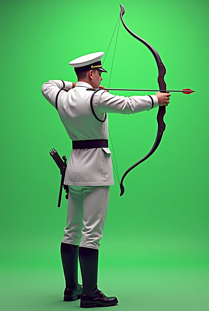 Rear viewed, White uniform, male military Archer is a warrior, military cap on head, Arrow shooting , Plain full green screen background