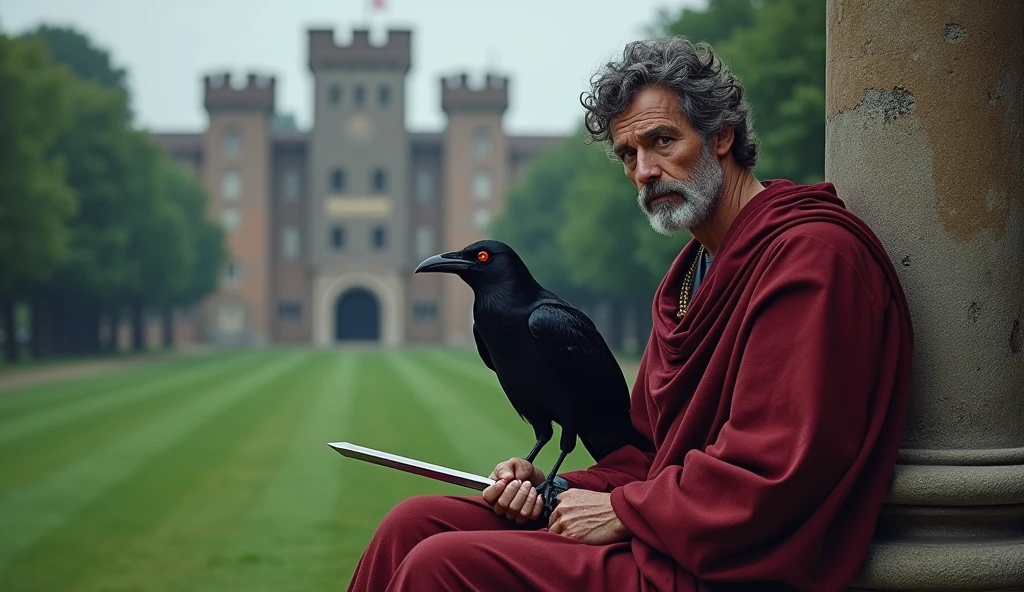Marcus Aurelius former emperor of Rome holding a sword on his knees the ground with an emerald green lawn behind a gunmetal gray castle on his shoulder a black raven with red eyes