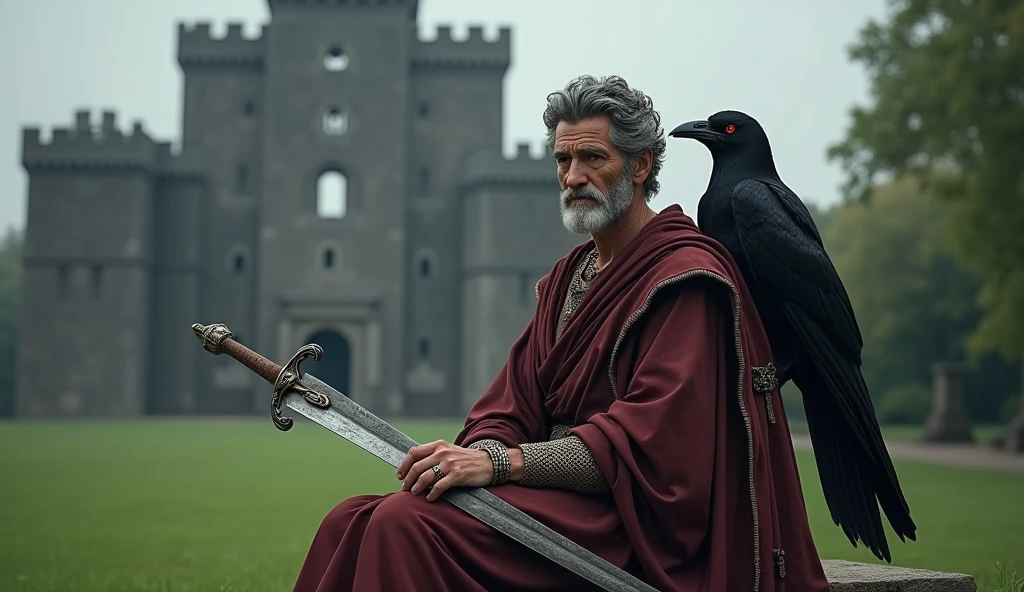 Marcus Aurelius former emperor of Rome holding a sword on his knees the ground with an emerald green lawn behind a gunmetal gray castle on his shoulder a black raven with red eyes