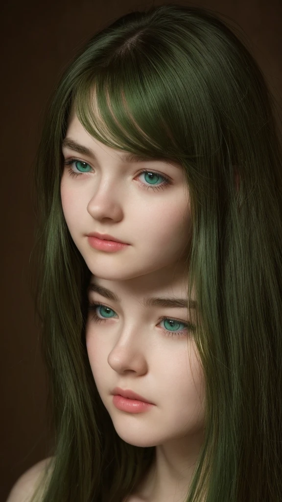 a girl. European. Extremely detailed face. Oval face. Delicate facial features. Half-closed eyes. Long straight hair. Messy hair. Bangs. Green hair. Green eyes. Lustful expression. sad mood. slight smile