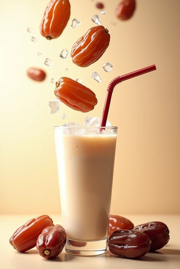 A poster displaying  date fruits falling in  a glass full of ice blended date milkshake with a straw inside 