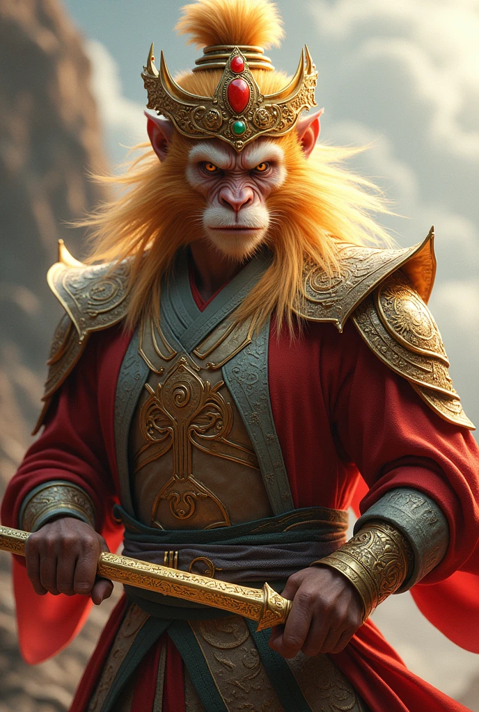 **Prompt:** A hyper-realistic depiction of Sun Wukong, the Monkey King, showcasing intricate details. His golden fur is meticulously rendered, with individual strands catching the light. He wears a regal crown adorned with jade and red gems, paired with traditional armor featuring ornate gold and red designs. His fierce, focused eyes convey wisdom and power. In one hand, he grips his legendary staff, Ruyi Jingu Bang, which is extended and glowing faintly with mystical energy. In the other hand, he wields a sharp golden blade with intricate engravings, its edge gleaming under the light. The color grading enhances the deep reds, vibrant golds, and earthy tones of his attire, with shadows adding depth to his muscular form. The background is subtly blurred, keeping the focus on Sun Wukong, while swirling clouds or a distant mountain landscape create a sense of mythic grandeur and warrior strength.
