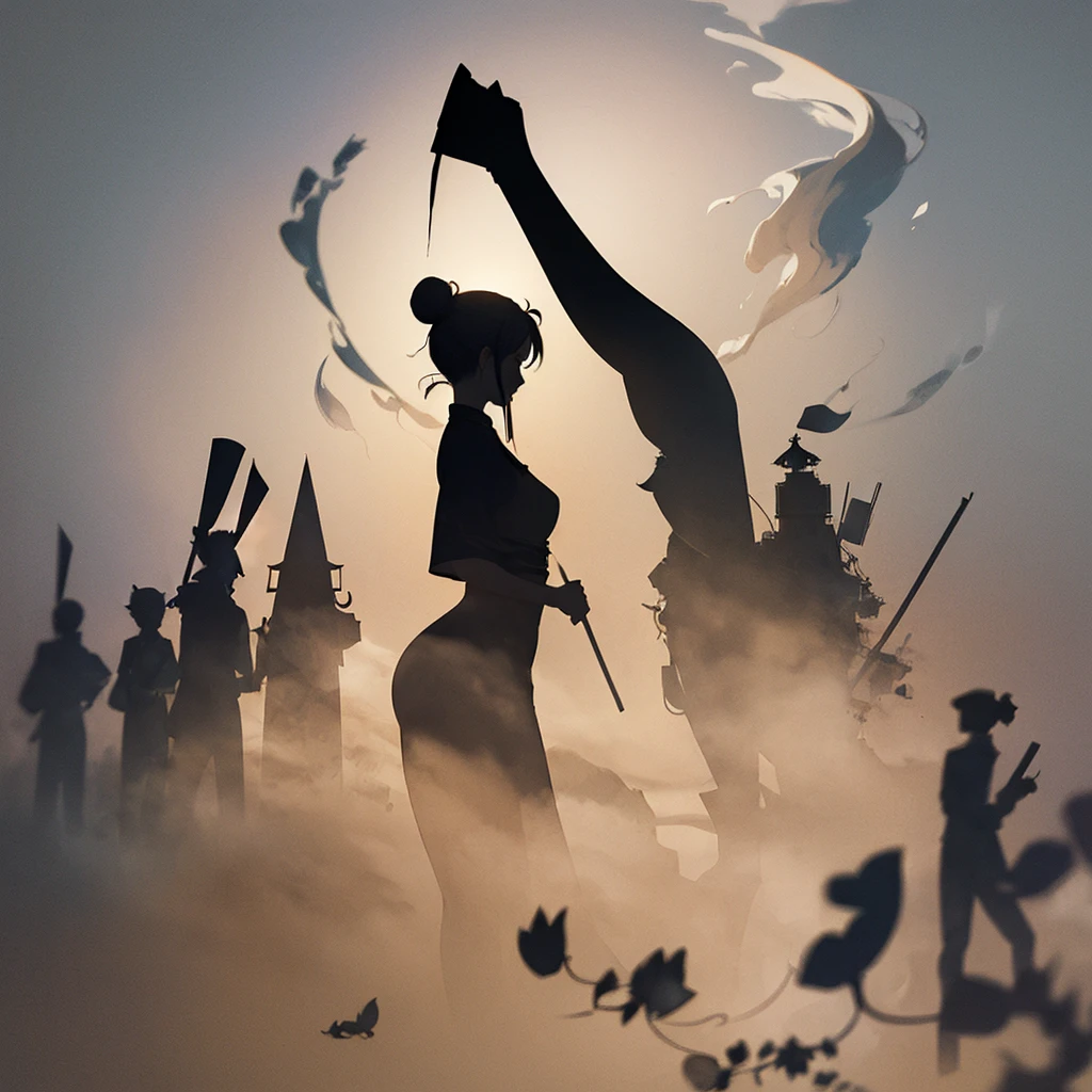  1 person、(((silhouette:1.3)))、 (Hair Ribbon:0.4),,(((Bun Hair))),(((Long Hair))),Blacksmithing、leaf、rose、Abstract、Zhou Haoguang、(Blurred Background、Blurred foreground、Depth of written boundary:1.3)、Swirling Mist、Iridescent mist、Traditional Texture、Dripping