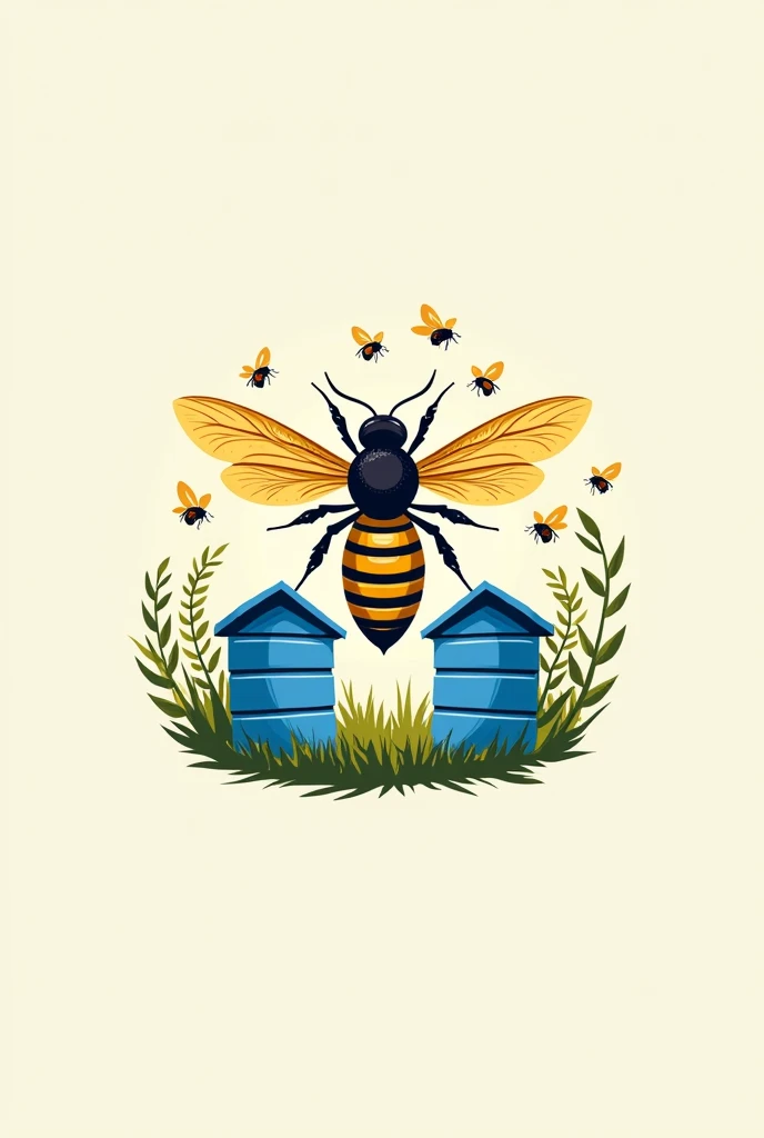 Beekeeping logo A beautiful bee 2 blue hives and bees flying