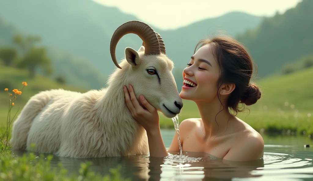 Depicted with a sense of joy and peace, drinking water from a ram