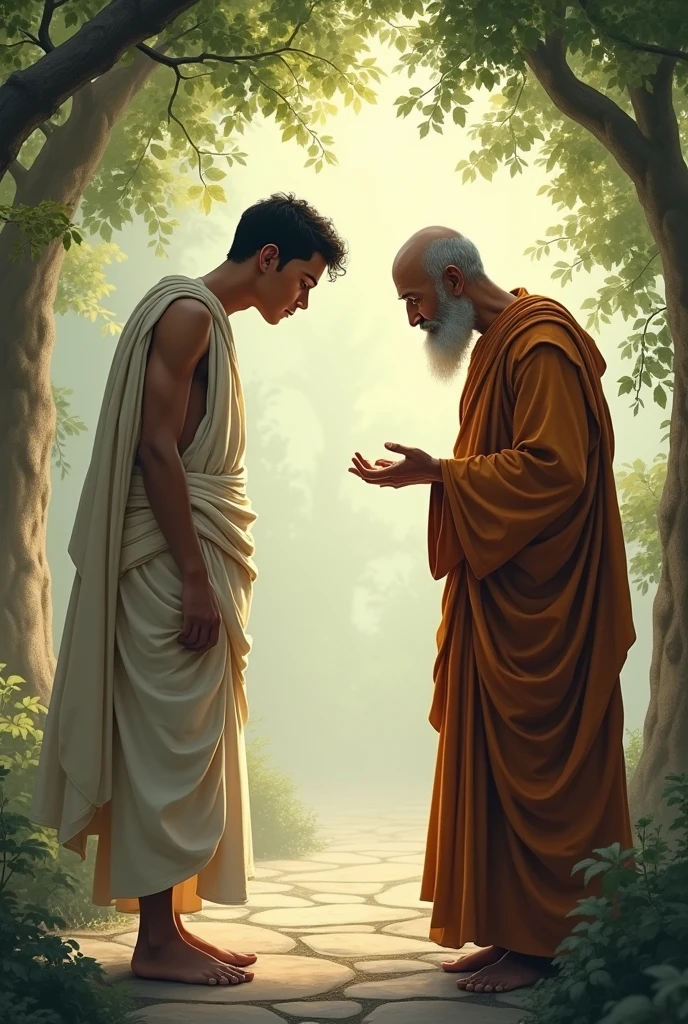 A young man named Anand approaches the monk with a respectful bow