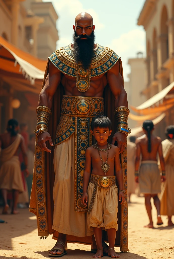 A rich man bought the boy in the market of Egypt , Egyptian pharaoh dress ,black beard , no Hair , handsome rich man