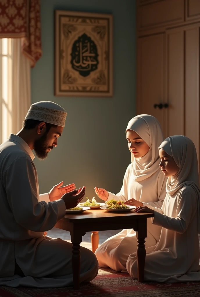 muslim family, pray before eat on table at home
