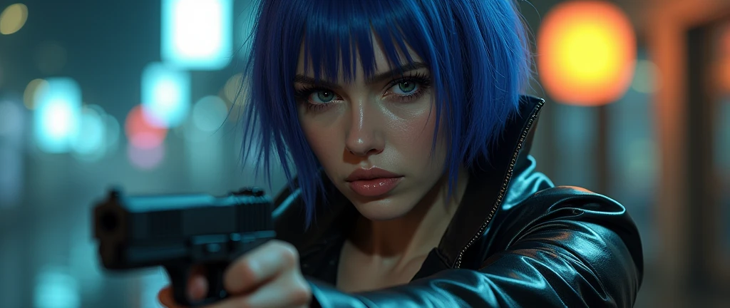 30 yo,realistic hardboiled woman ,blue-purple hair,Scarlett Johansson in Ghost in the Shell,Public Security,(1 girl),realistic ghost in the shell with guns,Wearing a white Fishnet tights and long trench leather coat,(beautiful eyes:1.2),(beautiful face:1.3),(detailed face:1.3),(smile),(muscular:1.1),(sensual:1.3),(thick thighs:1.2),(Body moistened with sweat),(background is black:1.5),(blur background:1.2),(master piece,highest quality,ultra high resolution,Super detailed,8K),wallpaper,The background is Cyberpunk City