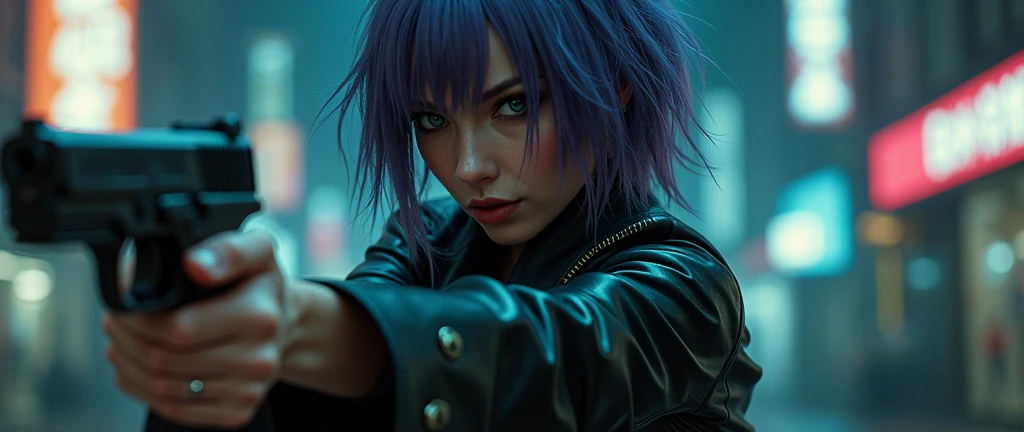 30 yo,realistic hardboiled woman ,blue-purple hair,Scarlett Johansson in Ghost in the Shell,Public Security,(1 girl),realistic ghost in the shell with guns,Wearing a white Fishnet tights and long trench leather coat,(beautiful eyes:1.2),(beautiful face:1.3),(detailed face:1.3),(smile),(muscular:1.1),(sensual:1.3),(thick thighs:1.2),(Body moistened with sweat),(background is black:1.5),(blur background:1.2),(master piece,highest quality,ultra high resolution,Super detailed,8K),wallpaper,The background is Cyberpunk City