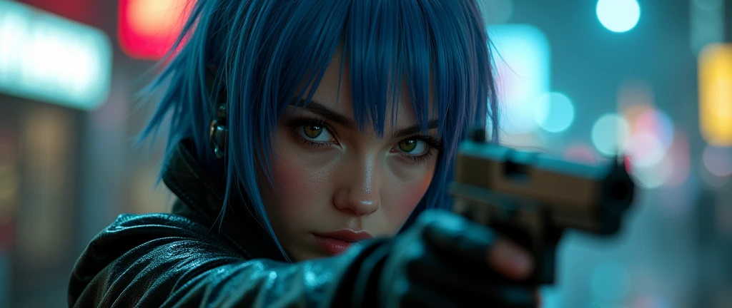 30 yo,realistic hardboiled woman ,blue-purple hair,Scarlett Johansson in Ghost in the Shell,Public Security,(1 girl),realistic ghost in the shell with guns,Wearing a white Fishnet tights and long trench leather coat,(beautiful eyes:1.2),(beautiful face:1.3),(detailed face:1.3),(smile),(muscular:1.1),(sensual:1.3),(thick thighs:1.2),(Body moistened with sweat),(background is black:1.5),(blur background:1.2),(master piece,highest quality,ultra high resolution,Super detailed,8K),wallpaper,The background is Cyberpunk City