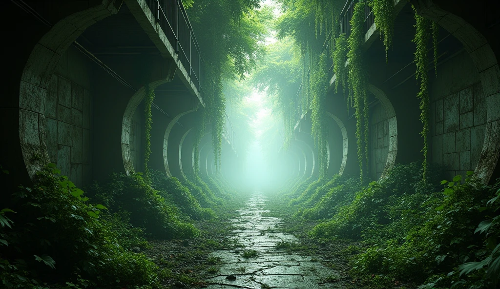 Concept art of a scene in a post-apocalyptic subway with lots of flora, perhaps the rays of god