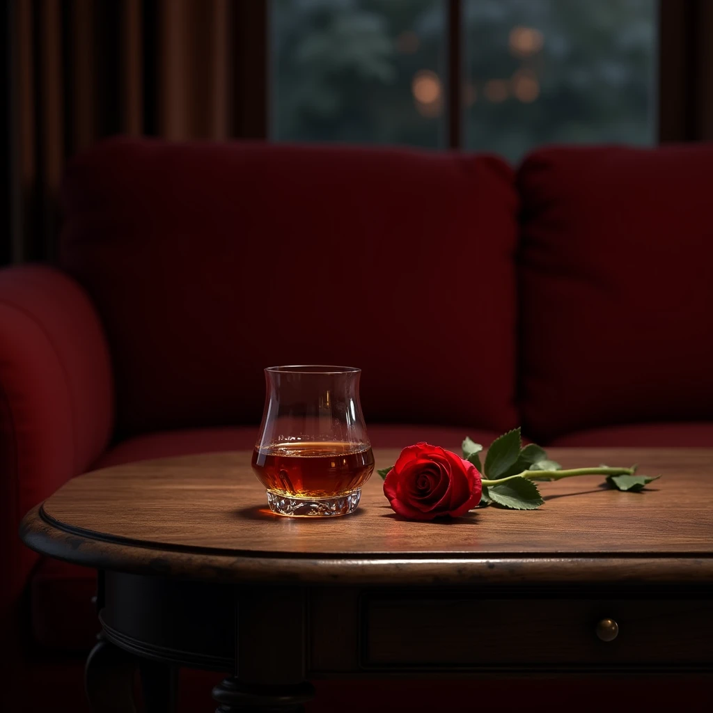 alcohol,red rose,Wooden table,night,Red sofa