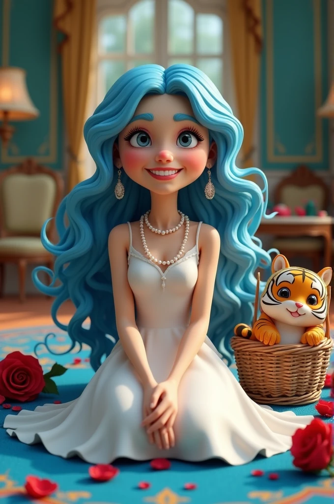 55-year-old woman with long curly blue hair
With a very smiling and happy lip
With an old basket with a tiger in it, wearing a white princess dress
A pearl necklace with a red rose
A woman is sitting on a royal blue carpet inside a dream house
3D style 