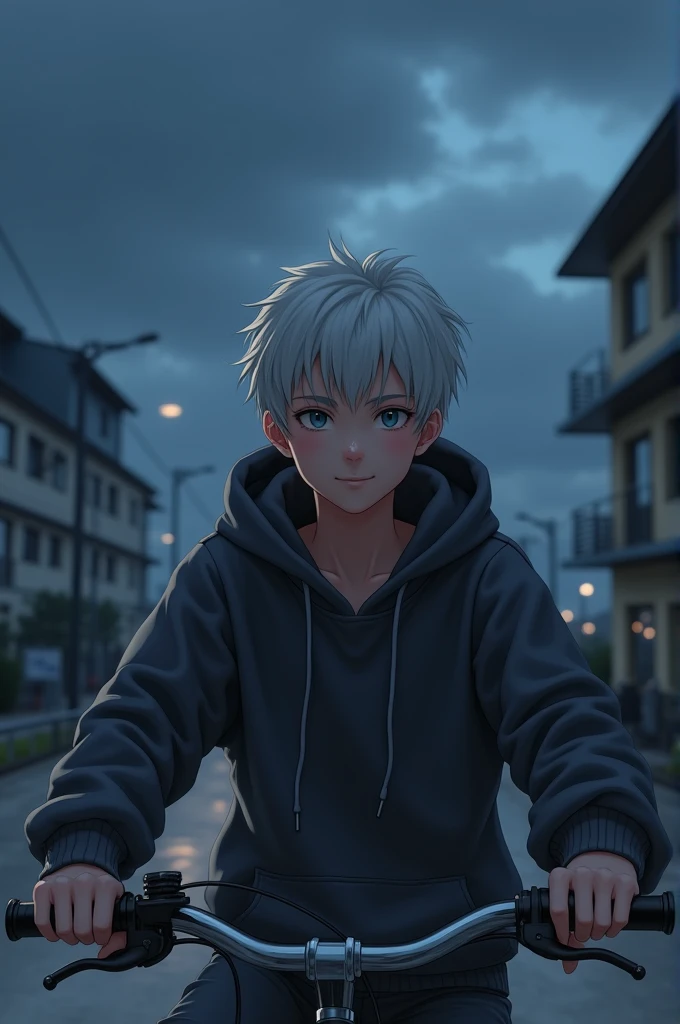 (8K, RAW photos, best quality, masterpiece: 1.4), (((Boy on bike))),Ultra-high resolution, Extremely detailed, light, closeup of arms, handsome boy, blue eyes, (delicate eyes, Eyes are bright:1.2), white short hair, Fair skin,dark, Grey sweatshirt, sweatshirt with hood,(perfect anatomy:1.2), High-quality shadows, Natural Lighting, (White highlights:1.2), night, cloudy day, (Four-story residential building:1.2), (Bridge at night:1.2)