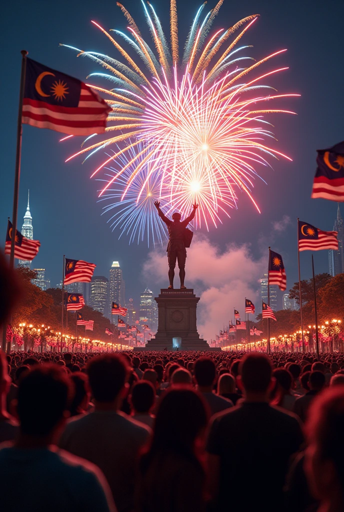 Malaysian people gather at dataran merdeka,watch fireworks during midnight,the fireworks with the colour of flag of Malaysia,add the statue of Malaysian worrior,there's a lot of malaysian flag around the dataran merdeka