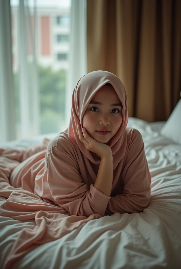 NSFW (masterpiece, top quality, best quality, extreme detailed, colorful, highest detailed, Dreamy Atmosphere, Bright color, real photo, real skin. Hyper realistic, 1girl, Malaysia young girl, ((wearing hijab)), fair skin looking sharp to the viewer, detailed skin, city street background, slender body, lie down above view on a hotel's bed, ((spreading legs M-legs position:1.5)), (showing pussy). morning time, big breasts. She's not wearing anything ((naked)) freely pose, soft front studio lighting, whole body