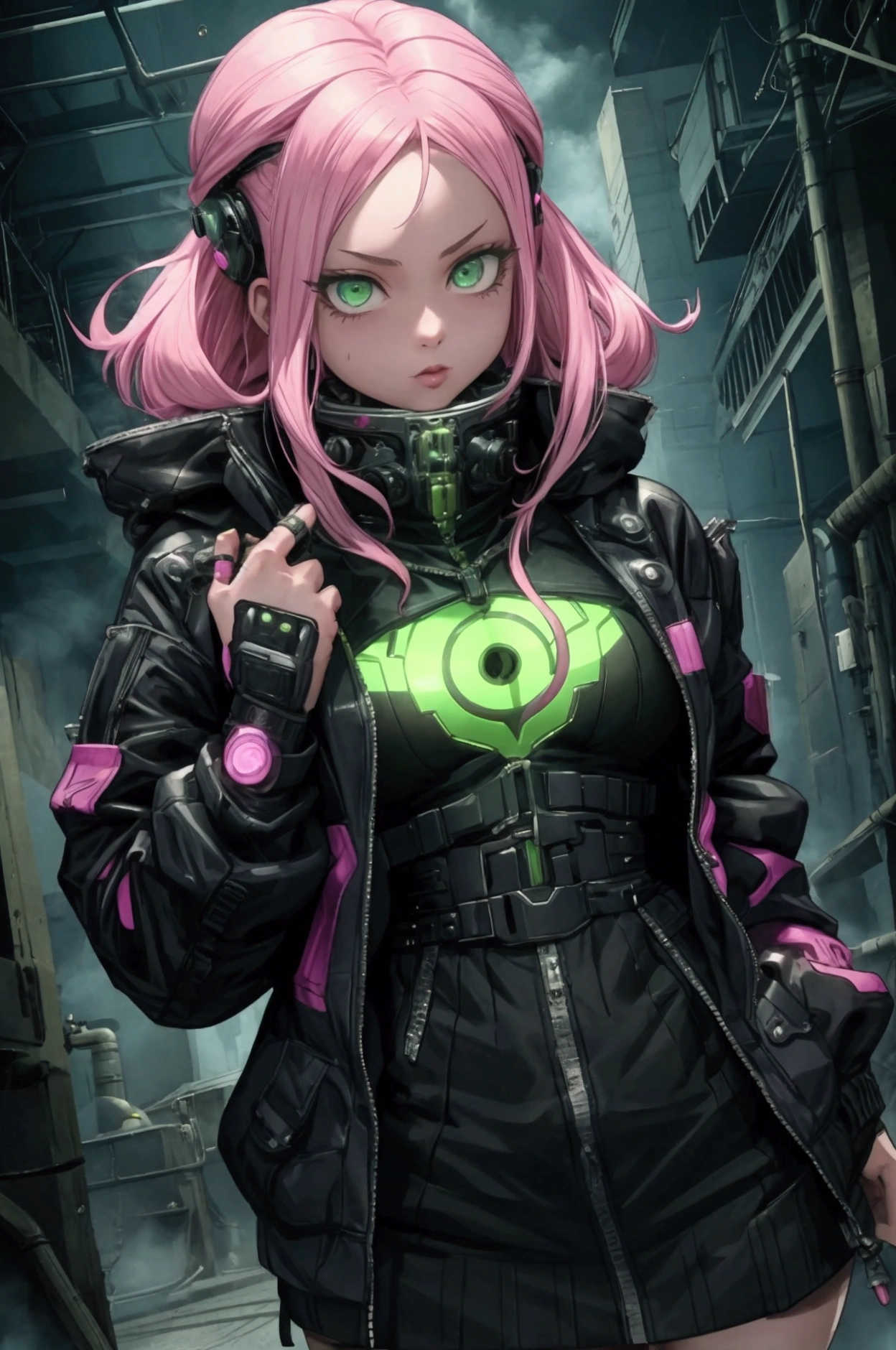 a girl with pink hair that she wears down, and green eyes. She is a villian form MHA. She dresses like she’s in cyberpunk. She has a cyber goth style. She dresses like what but she’s in a modern day time period. 1994. She is in the univers of my hero academia. The smoke. She has kind, almost motherly eyes. She looked like someone to trust.