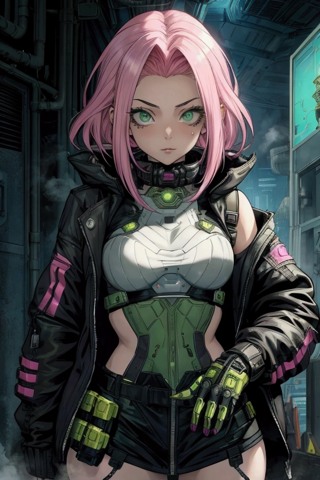 a girl with pink hair that she wears down, and green eyes. She is a villian form MHA. She dresses like she’s in cyberpunk. She has a cyber goth style. She dresses like what but she’s in a modern day time period. 1994. She is in the univers of my hero academia. The smoke. She has kind, almost motherly eyes. She looked like someone to trust.
