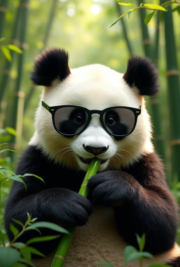 A beautiful panda bear eating bamboo in a bamboo forest, detailed panda face, detailed skin texture, Sunglasses,photorealist, (Best Quality,4k,8k,High resolution,masterpiece:1.2),ultra detailed,(realist,photorealist,photo-realist:1.37),HdR,HD,studio lighting,extreme detailed description,professional,vivid colors,landscape,green,natural lighting