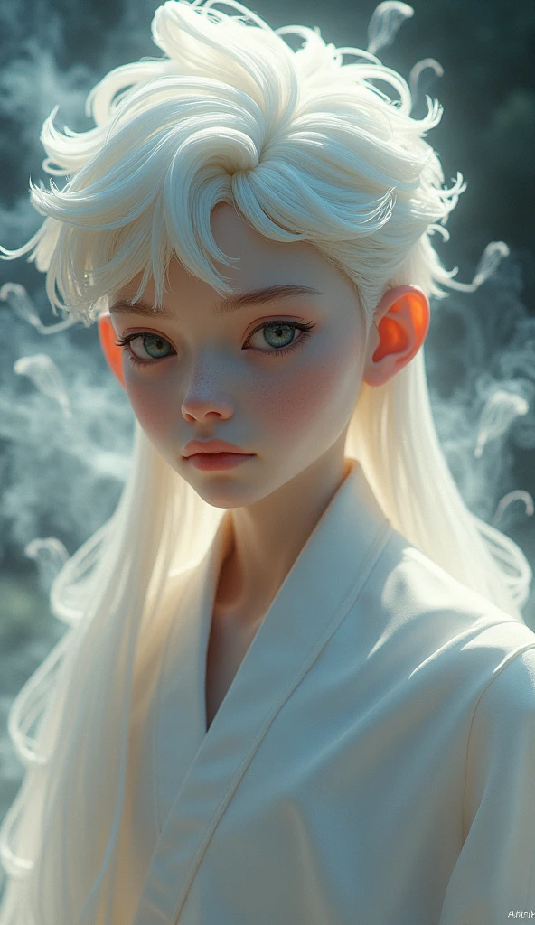 3D illustration of a 25 years old boy, pure devine pale skin, wearing a thoub, with glowing color, smoke artistically forming a frame edit Photoshop Computer named, style, detailed face, focus on face, 8K