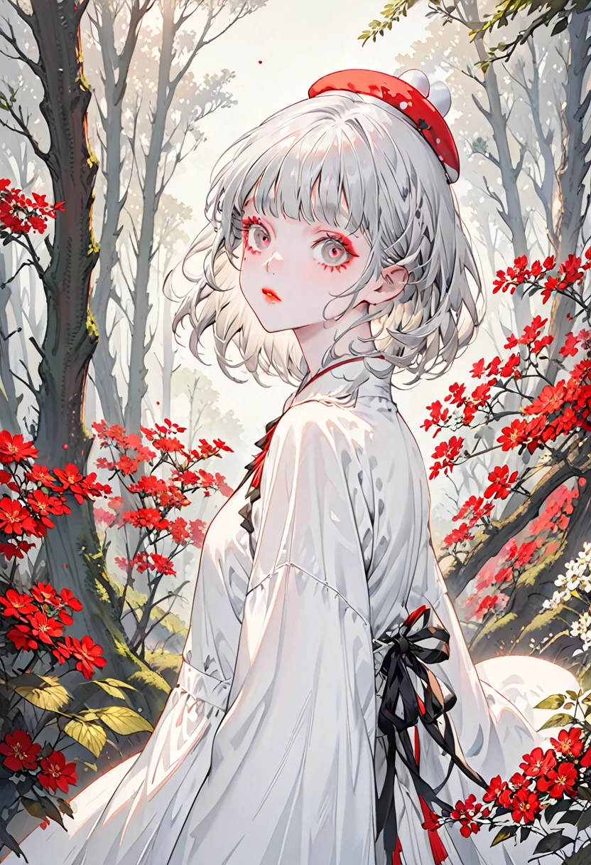 The background is a forest,(Highest quality,Very detailed,High resolution:1.2),Slim albino girl,Gray-haired berry shorthair,gray bangs,very_long white eyelashes, White eyebrows, White skin,Detailed lips, Cool look, Soft Skin, Shiny Hair,Exquisite makeup,Red and white dot beret