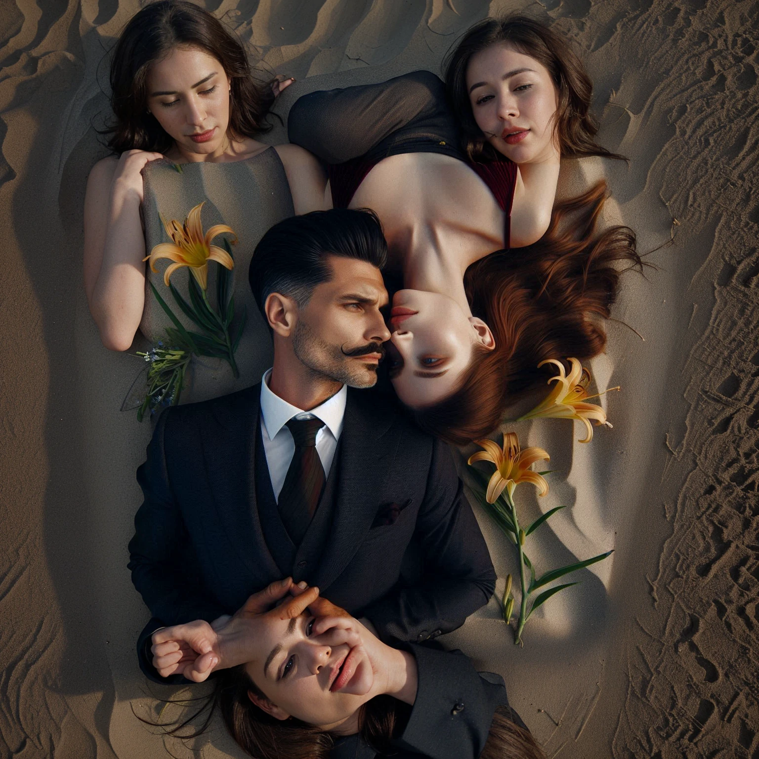 The man in his 45s with black very short hair and smooth face with moustache. The woman in her 45s with brown long hair. The man is wearing black suits. The woman is wearing burgundy dress. In the desert. The man and the woman are lying side by side on the sand and looking at each other with love. There are yellow lilies all around. Top view. HDR. UHD. Cinematic.