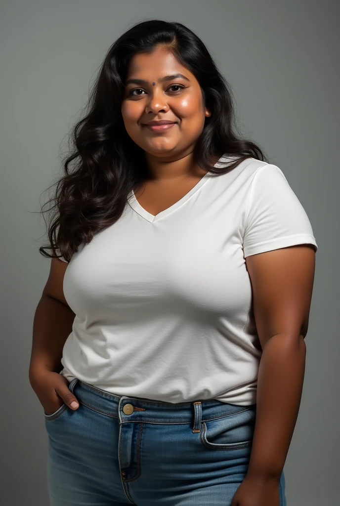 A very dark brown skin Telugu lady face looks chubby and her body looks chubby and fit her body structure hourglass her age 36 and her height 165cm wearing t shirt and jeans looks like actress Roja 