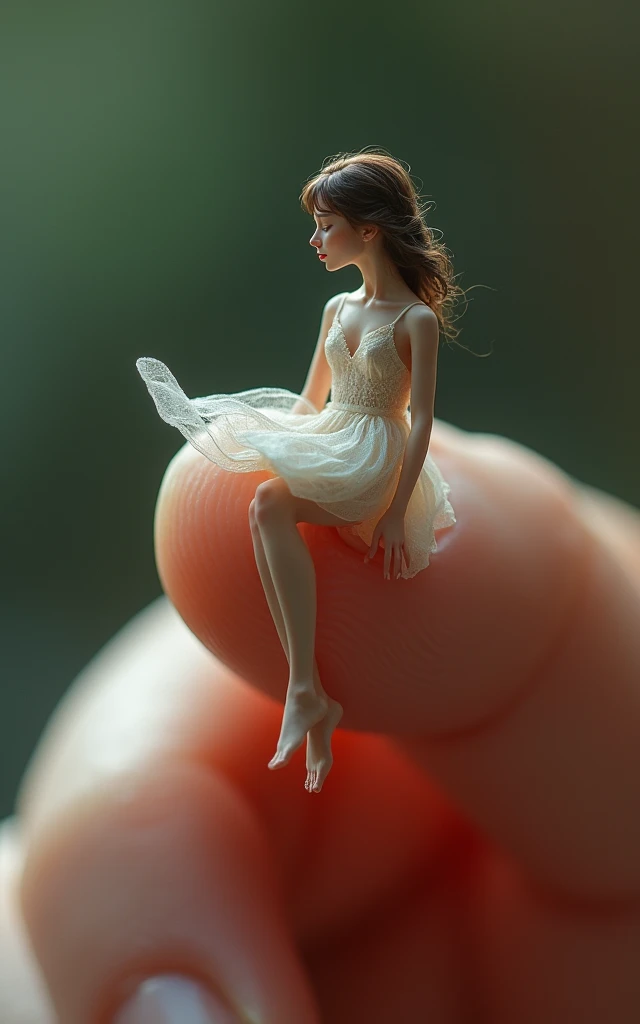 Photorealistic, 34k, A micro woman perched on a human finger