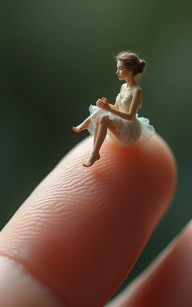 Photorealistic, 34k, A micro woman perched on a human finger
