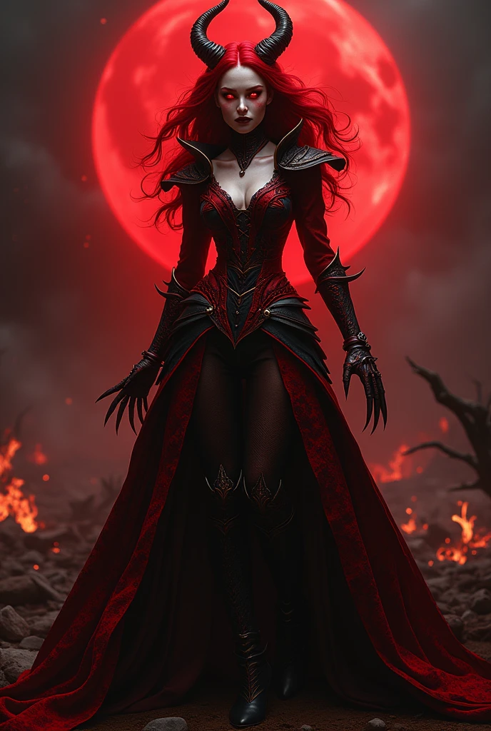 NSFW, best quality (4K, high resolution, masterpiece:1.2), ultra-detailed, realistic (photo-realistic:1.37), Eira, the Red Queen of Wrath, mesmerizing enchantress, portrait, ((standing with a captivating red velvet gown)), alluring yet intimidating gaze, hypnotic, demonic eyes, poised stance, ((flowing fiery red hair)), with flickers of hellfire, intense and ominous aura with a hint of darkness, pure (red velvet color scheme), sharp focus, perfect, ominous lighting, confident, sinister demeanor, intriguingly wicked smile, powerful wrath magic and sinister energy radiating from her eyes, war-torn landscape with a dark, foreboding background, entrancing yet eerie atmosphere, inspired by fantasy art and dark mythology, emphasizing her allure, fury, and malevolent charm, meticulous attention to facial details showcasing her stunning beauty, elaborate, warlike costume design, striking visual impact, expressive yet wicked facial features, supernatural elements blended with a sinister reality, (exceptionally detailed:1.3), super finely detailed and clawed hands, ultra finely detailed fingers (ten fingers), (suggestive and intimidating posing), ((full body showcase)), no logos in the background.