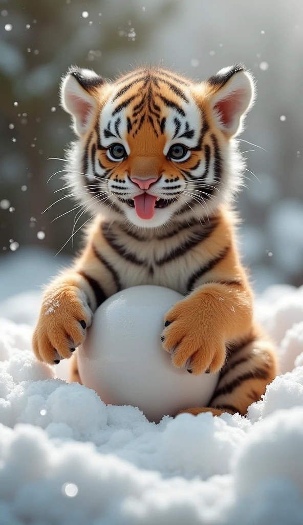 A chubby and cute little tiger baby, Pregnant belly with patterns, Cute and cuddly,Fluffy, Delicate and exquisite, Real little tiger,The expression is very cute and sticking out tongue is very cute,Real little tiger,Play with real white foam in the bathroom,Snow background