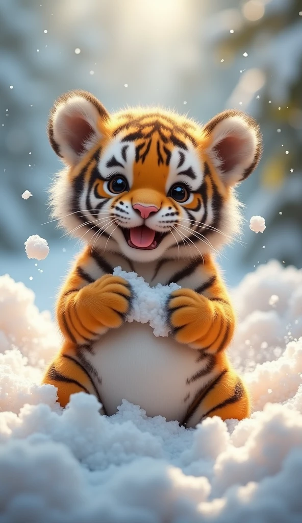 A chubby and cute little tiger baby, Pregnant belly with patterns， Cute and cuddly，Fluffy, Delicate and exquisite, Real little tiger，The expression is very cute and sticking out tongue is very cute，Real little tiger，Play with real white foam in the bathroom，Snow background