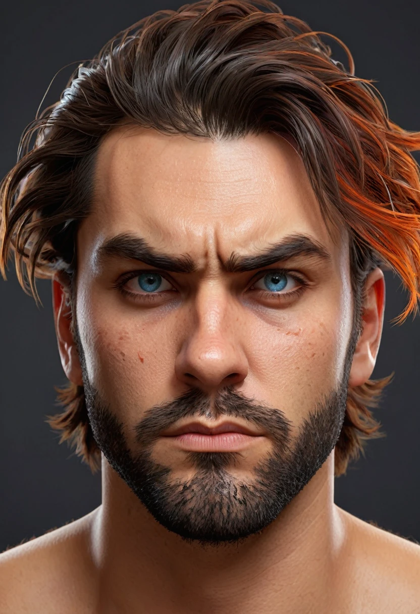 hyperrealistic raw photo,man with a serious mood,inspired by popular video game aesthetics.The character should have vibrant, stylized features typical of reality, including expressive eyes, dynamic hair, and distinctive clothing.Emphasize a real texture skin engaging expression that captures the essence of a gritty,game-ready hero.Ensure the character's design is well-suited for use in a video game environment, with clean lines, bold colors,and a strong sense of personality