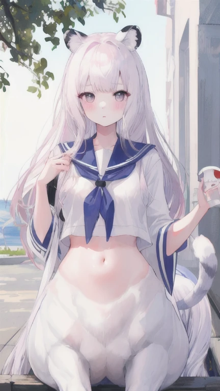 (best quality, masterpiece), 1 girl, centaur, I beg, White skin, Korean schoolgirl, ,black pink, exposing the abdomen, beautiful girl perfect, White tiger photo, 완벽한 White tiger photo
