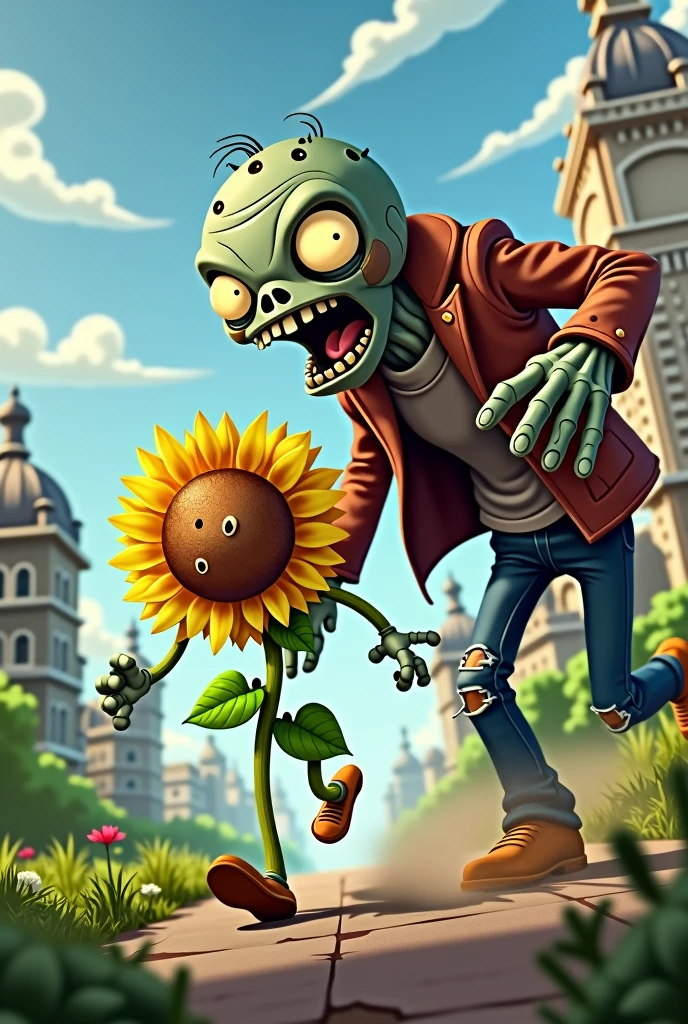 Then the sunflower plant student from pvz was almost eaten by a zombie from a pvz
He run as fast as he coud
But the sunflower plant fell and zombie was so close