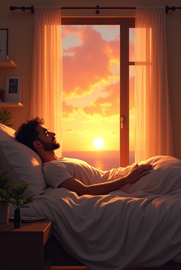 Make a room with a window facing the sun with a bed and a person looking at the sunset man lying down Looking sideways