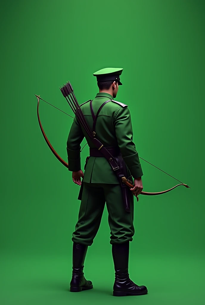 Rear viewed, green uniform, male military Archer is a warrior, military cap on head, Arrow shooting , Plain full green screen background
