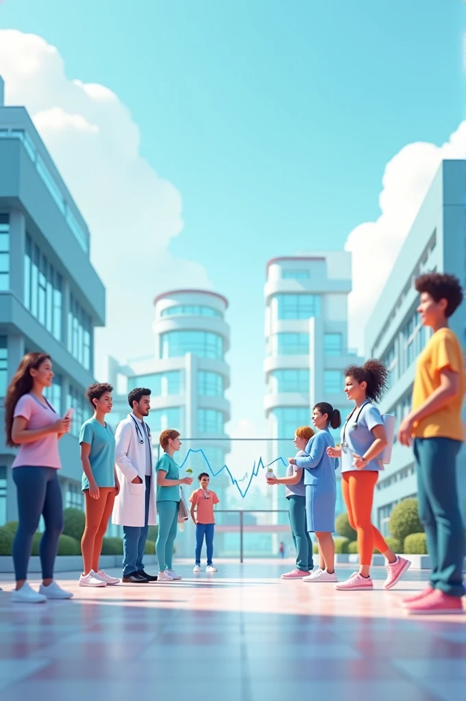An animation showing a declining death rate graph alongside images of modern hospitals and people living healthy lives.