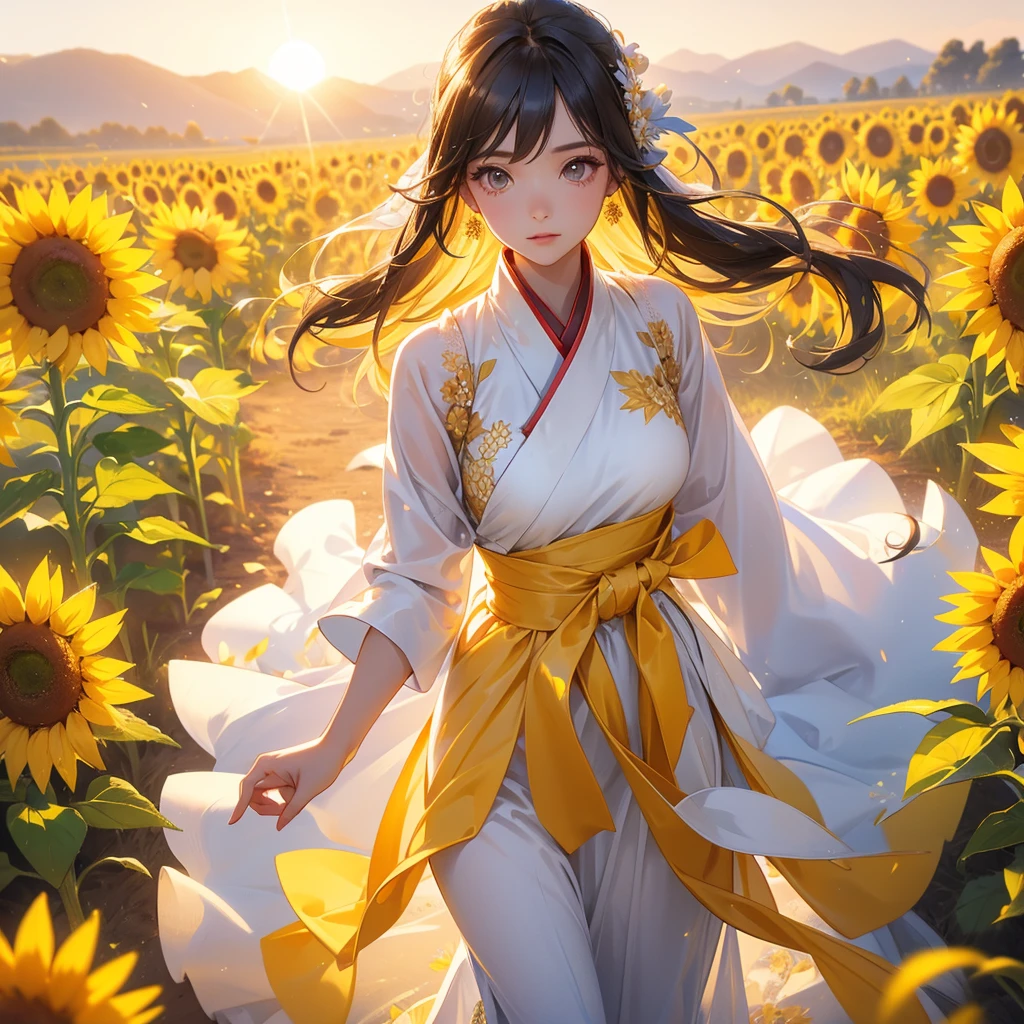 A beautiful female in white hanfu dress , Strolling among the sunflower fields Glowing yellow,close up. Sunset.